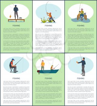 Fishing hobby posters set with people catching fish. Man sitting on dock holding rod and waiting for nibble of limbless animal vector illustration