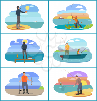 Fishing set of people at beach. Seaside and rivers bank with plants and fisherman holding rod catching fish. Skillful mens hobbies vector illustration