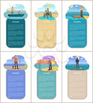 Fishing hobby of men posters. Active lifestyle of males wearing special clothes catching fish at seaside, river banks. Fisherman vector illustration