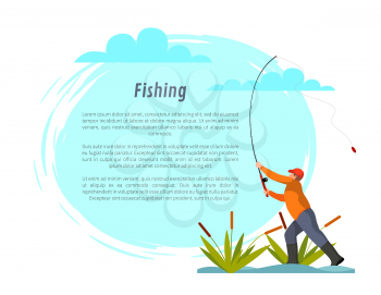 Fisherman with fishing rod among bulrush vector. Fisher catching fish isolated on blue with clouds silhouette, cartoon illustration, sport theme.
