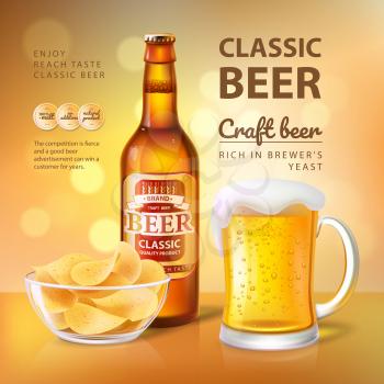 Classic craft beer poster with text sample headline. Beverage poured in big mug. Foamy alcoholic drink with soft taste and chips vector illustration