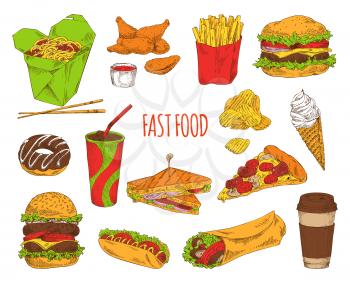 Fast food dishes collection vector illustration isolated on white backdrop noodle donut chicken hot-dog coffee and chips, fried potato and hamburger