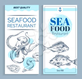 Seafood restaurant hand drawn banner. Giant octopus and small oyster, electric eel and bream sketch vector illustration on white tint with blue spots.
