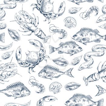 Crawfish and fishes sketch pattern. Shrimp crayfish, bass and bream species types. Marine dwellers mussel and oysters isolated on vector illustration