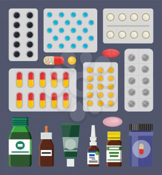 Pills packs and liquid medical means in bottles. Containers with medicaments from illnesses or pain. Medicines of high quality vector illustrations.