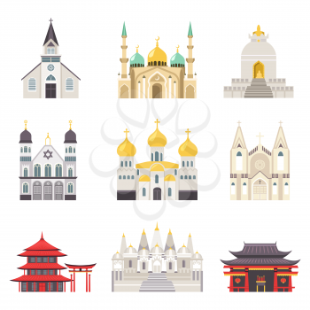 Holy religious buildings from all over world set. Gorgeous churches or temples of Europe, Muslim and Oriental countries isolated vector illustrations.