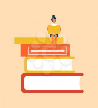 Books set with concentrated woman sitting on hardcover publications reading broadsheet yellow newspaper, calm female isolated on vector illustration
