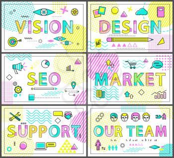 Vision design market SEO support and our team card, set of vector illustrations of typography font samples, banners collection with geometric ornament