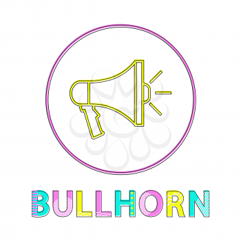 Bullhorn round linear icon, volume regulation. Loudspeaker symbol on button outline for app or website isolated cartoon flat vector illustration.