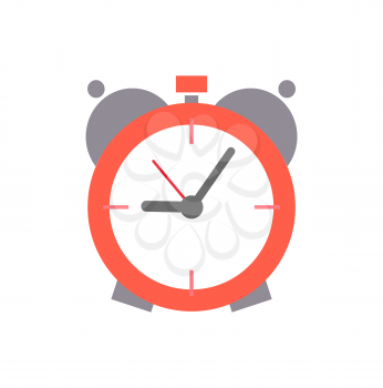 Old round alarm clock with mechanic system inside. Device that rings in set time to wake up and points right hour isolated flat vector illustration.