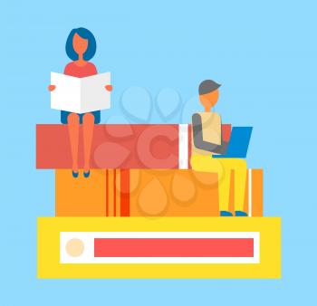 Woman reading newspaper and man typing on laptop, people sitting on big books, concentrated youth learning new things isolated on vector Illustration