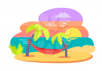 Island tropical travelling, exotic picturesque landscape, seascape hammock between growing palms, beach and sunset, isolated on vector illustration