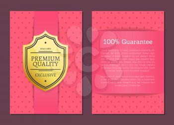 Premium quality guarantee pink patterned posters set with headline and text sample. Product approval and exclusive offer clearance vector illustration