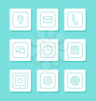Mobile phones buttons and icons of message chats, map location, incoming calls, menu settings, gallery of photos, isolated on vector illustration