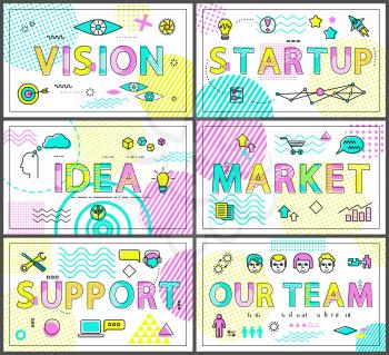 Vision startup and support idea market our team business posters collection with icons set, employees working on problem solving, vector illustration