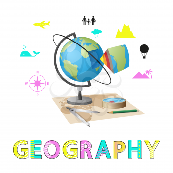 Geography poster and globe with Earth structure layers. Compass and topical icons of population, mountains whales. Planet study vector illustration