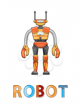 Robot with funny face poster. Robotic creature designed by human. Cybernetic science creating artificial systems with antenna vector illustration