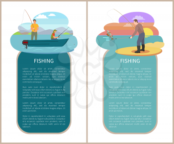 Fishermen fishing from motorboat and from river bank. Vector icons with rod, landing net and caught perch in hands with sunset and hills on background