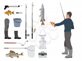 Fishing man holding fish catched on rod with bait help. items related to hobby of person. Set of landing net, waders and poles vector illustration