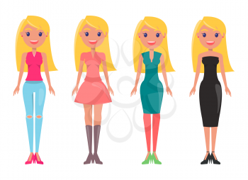Blonde in feminine dresses and ripped jeans. Casual or elegant looks on young girl. Female character wears stylish clothes vector illustrations set.