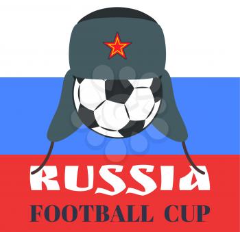Russia football cup colorful vector illustration isolated on national flag with blue red and white stripes, soccer ball in winter hat with bright star