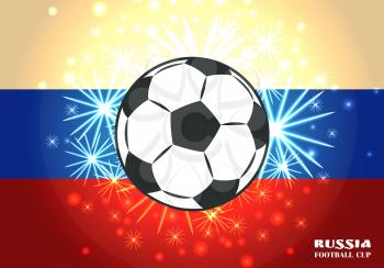 Soccer ball with black and white panels surrounded by salute light and spangle. Colored cartoon flat vector illustration on white-blue-red background.