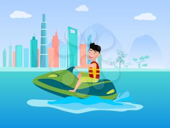 Jet ski summer activity at sea, man wearing life-jacket ride on scooter, seasonal amusement and water splashes vector, background of skyscrapers.