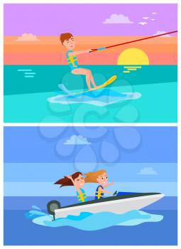 Aqua sport summer collection, kitesurfing or boating, boy and girls happy of holidays, activities set cartoon vector illustration isolated on blue.