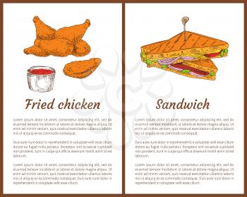 Fried chicken and sandwich fast food dishes posters set. Drumsticks and tomato sauce in bowl. Roasted bread with cheese, meat vector illustration