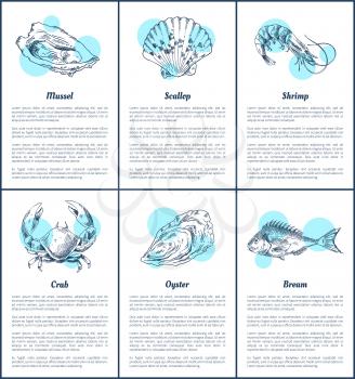 Scallop and mollusk posters set. Marine life in sketches with blue color. Crab and oyster bream fish floating, oyster with text vector illustration