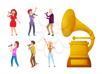 Gramophone gold vector, prize sign for best song and singers. Award and people with microphone singing, performance of senior man and young woman