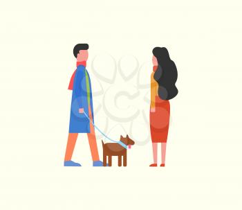 People walking dog on leash, couple and domestic pet vector. Happy man and woman strolling together with canine pedigree with collar. Animal with fur