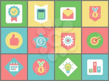 Work and business icons vector. Stamp and calculator, message and medal, thumb up and dollar sign, cogwheel and target, calendar and light bulb, pedestal