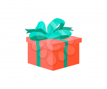 Red gift box decorated by green satin ribbon vector isolated icon. Square shape present, symbol of surprise on shopping, Valentine day and Birthday cardboard