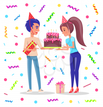 Birthday party celebration vector, confetti and people wearing paper caps holding cake with fired candles. Man giving present in box to woman, wrapped gift