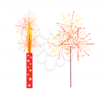 Fireworks and sparkler vector isolated icons. Burning pyrotechny crackers in flat style, realistic cracker holiday celebration items, pyrotechnic equipment