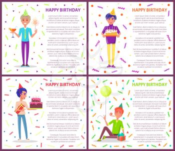 Happy birthday greeting posters with men celebrating Bday. Cartoon male with party horn, festive hat vector on backdrop of tinsels and confetti, gifts