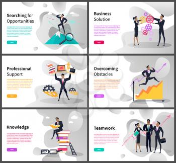 Business career and professional goals vector. Searching opportunities and business solution, support and overcoming obstacles, knowledge and teamwork. Website or webpage template landing page in flat