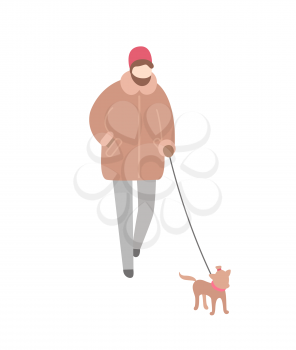 Woman wearing warm winter clothes walking dog on leash vector. Person spending time outdoors with pet, canine with collar running toy canine doggy