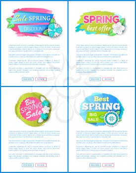 Spring sale price tags on web posters with text sample. Springtime flower blossoms and blooming plants, vector discount labels. Price off stickers on websites
