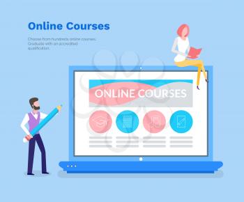 Online courses vector, studying with help of laptop PC and modern devices. Woman and man learning new materials from website. Computer and info page