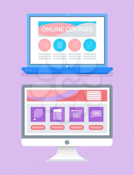 Online educational program internet pages set isolated icons vector. Technology of new era, global distance learning with files audio and texts for students