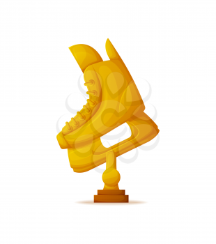 Skate trophy, golden shoes object for ice and rink, vertically stand of reward, hockey competition and winner sign, 3D glossy skating cup isolated vector