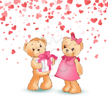 Teddy boy giving gift box to girl, present wrapped wide ribbon, festive card with hearts. Toy character with pink bow, cartoon bear Valentine day vector