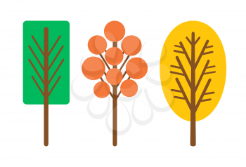 Cartoon style trees vector isolated icons. Abstract green, orange and yellow plants, flat doodles of forest elements, for autumn, summer and spring landscape design