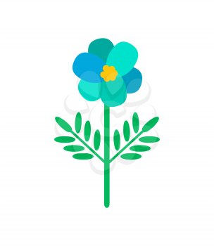 Blue Primula flower in cartoon style. Vector isolated blooming bud with green leaves, botanical icon with color floral element, romantic spring blossom
