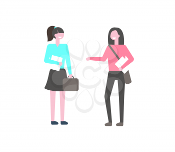 Campus students, two girls with papers and bags isolated on white background. College learners talking, school friends in cartoon style, vector pupils