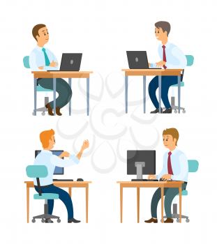 Business workers at desktops with laptops vector. Office clerks in shirts and ties, typing on computer keyboard, manager or secretary isolated characters