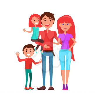 Family mother, father and two kids isolated on white. Vector parents, boy and girl, redhead mom and daughter, brunette son and dad, couple with infants
