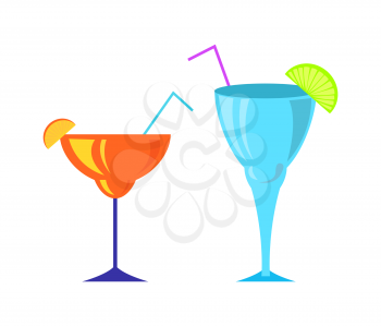 Cocktail poured in special glasses vector, beverages served with straws and sliced lime orange. Juicy drinks on party, isolated icons liquids in containers